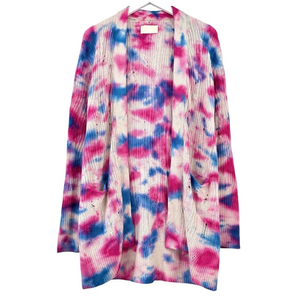 Zadig & Voltaire White Pink Blue Tie Dye Open Knit Relaxed Fit Cashmere Cardigan - Picture 2 of 10